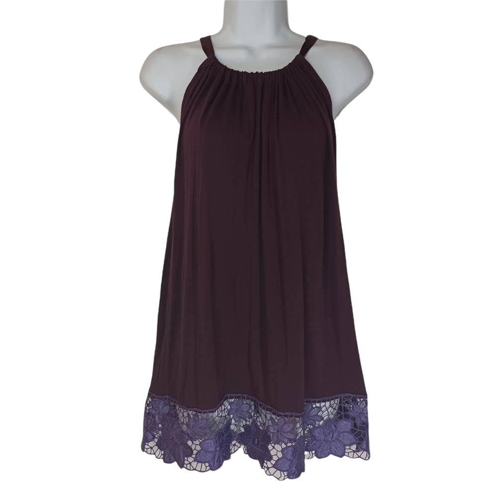 D'CLOSET Plum Purple Sleeveless Light Purple Floral Lace Hem Tunic  Dress Small